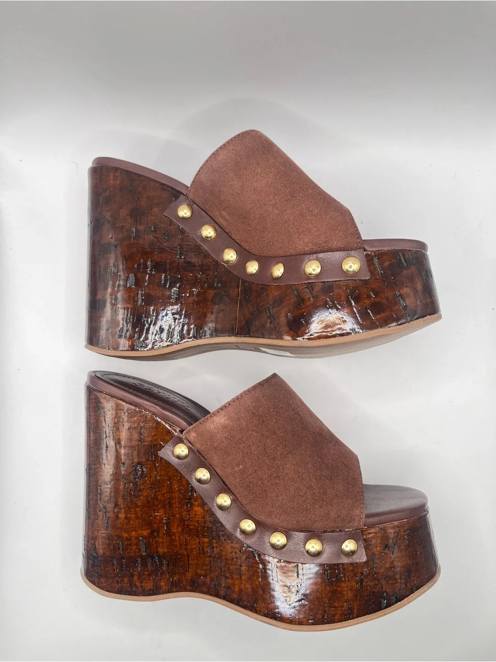 Schutz Sandalia Salto Alto New 5B Brown Suede Platform Wedge Studded Sandals